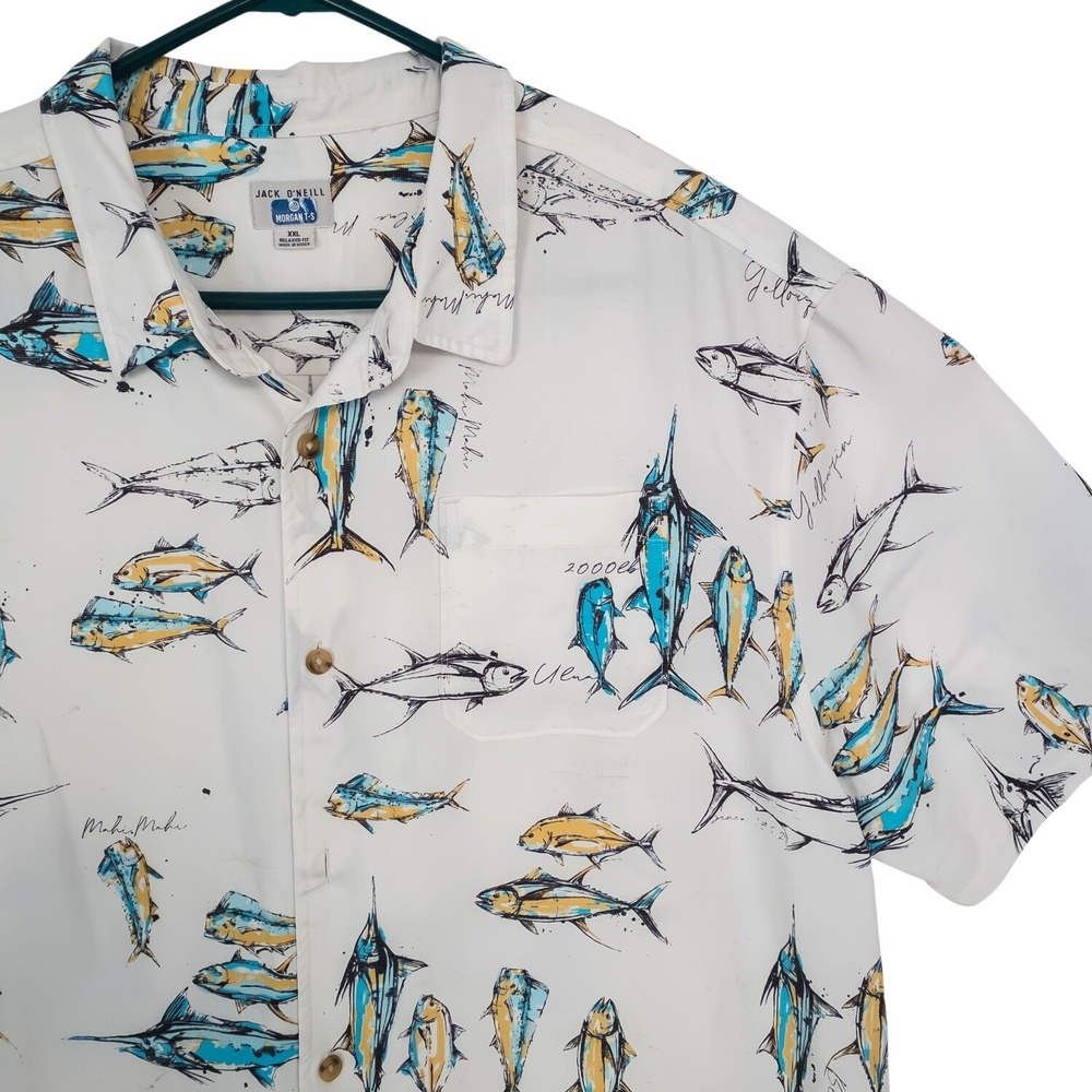 Jack O'Neill Button Down Men XXL White Fish Print Short Sleeve Rayon Blend Shirt